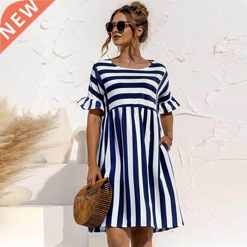 Women Summer Dress Cute Loose Striped Print Ruffles Sleeves