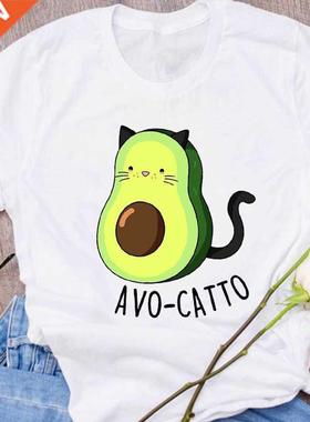 Women Graphic Avocado Cat Printing Cartoon Fruit Clothes Flo
