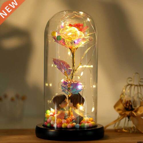 24K Gold Foil LED Artificial Rose Flower In Glass Dome