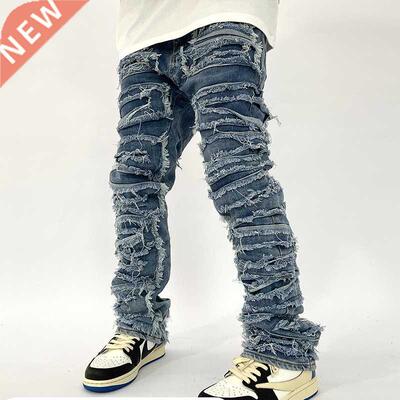 Retro Hole Ripped Disssed Jeans for Men Straight Washed Hara