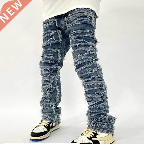 Retro Hole Ripped Disssed Jeans for Men Straight Washed Hara