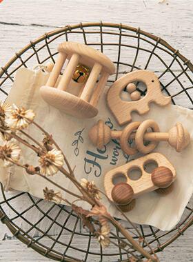 4 pcs/set Baby Toys Natural Beech Wooden Rattles Teething Ro