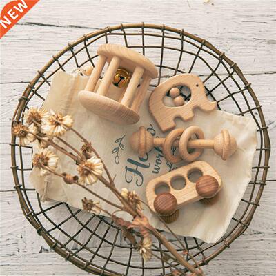 4 pcs/set Baby Toys Natural Beech Wooden Rattles Teething Ro