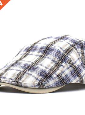 Spring Summer Plaid Newsboy Caps Men Cotton Flat Peaked Cap