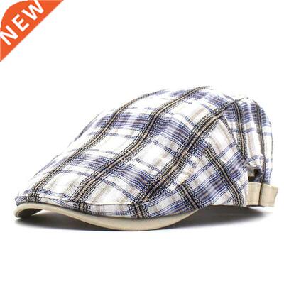 Spring Summer Plaid Newsboy Caps Men Cotton Flat Peaked Cap