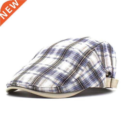 Spring Summer Plaid Newsboy Caps Men Cotton Flat Peaked Cap
