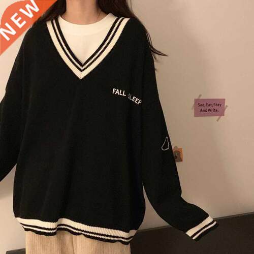 Sweaters Women Ulzzang Letter Chic Vintage V-neck Daily Over