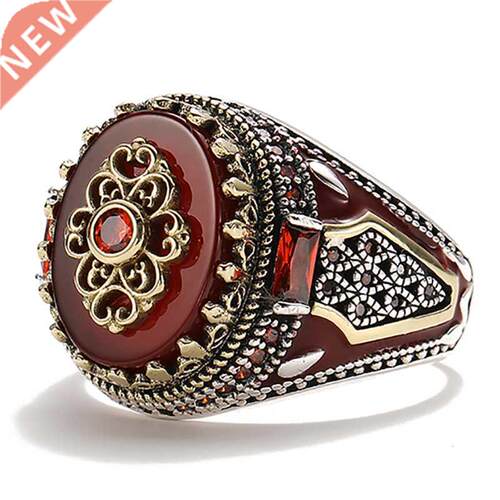 Retro luxury natural red stone Turkish handmade crown ring i