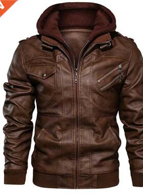 Hood Mens Leather Jacket Motorcycle Winter Autumn Fleece War