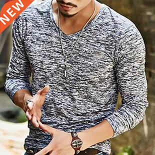2021 Spring Men Long Sleeve T-shirt V Neck Black T Shirt Top