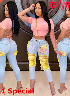 S-3XL plus-size ripped jeans大码女士时尚性感破洞牛仔裤