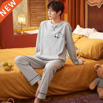 Autumn Winter Knitted Cotton Mens Pyjamas Casual Tops Lattic
