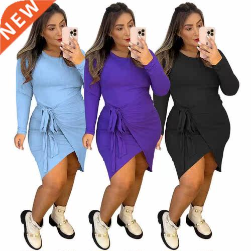 4xl Plus size fall hip wrap and tie Fat MM Ladies dress大码