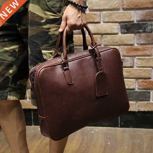 Men's crazy horse pu leather briefcases male fashion brown b