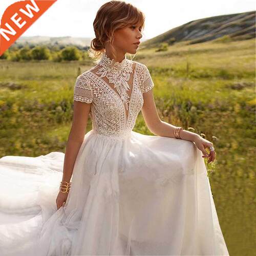 Boho Lace Tulle High Neck Wedding Dress 2022 Cap Sleeves A-L