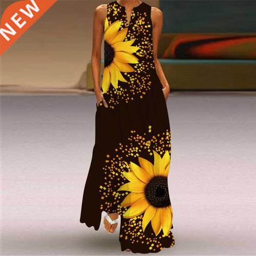 Summer Women Fashion Printed Flowers Sleeveless Casual Dress