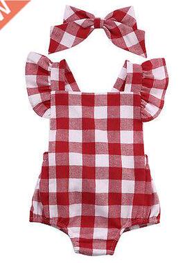 Newborn Infant Kids Baby Girl Red Plaid Romper Jumpsuit Wit
