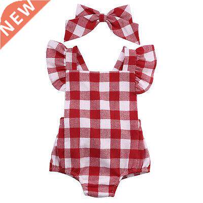 Newborn Infant Kids Baby Girl Red Plaid Romper Jumpsuit Wit