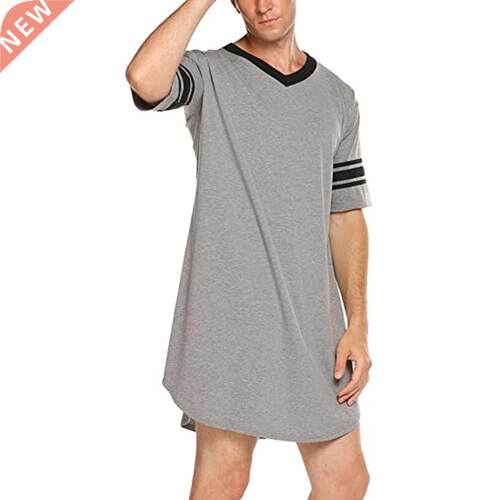 Men Cotton Nightshirt Short Sleeve V-neck Soft Loose Nightwe