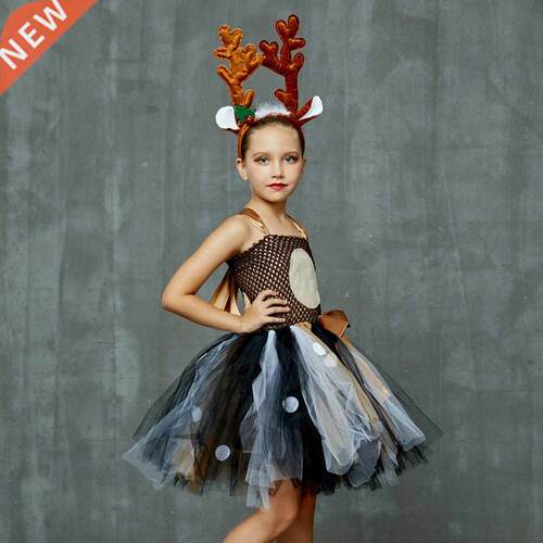 Christmas Deer Design Girls TUTU Dress Kids Halloween Reind