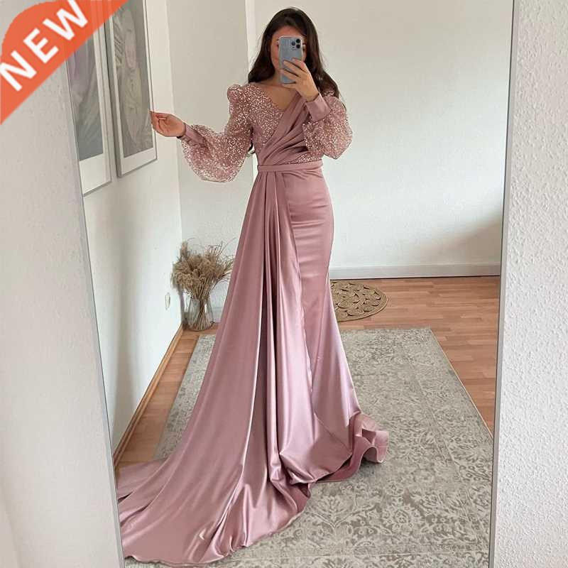 Thinyfull Pink Prom Dresses Glitter V-neck Evening Dress Puf图片