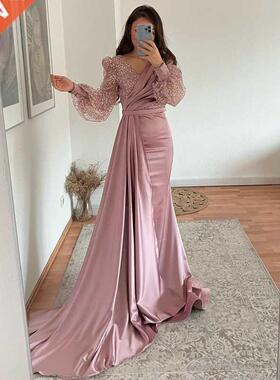 Thinyfull Pink Prom Dresses Glitter V-neck Evening Dress Puf
