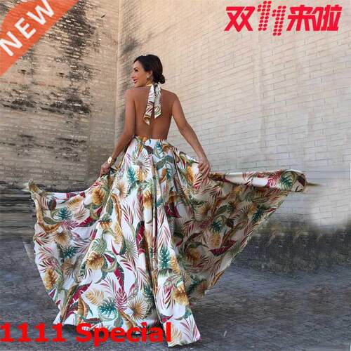 a halter halter halter printed women's beach dress in summer