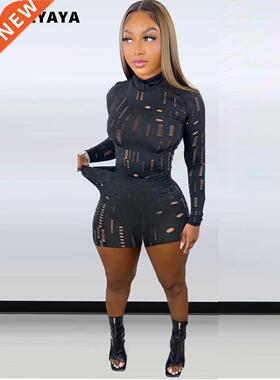 .YAYA Hole Active Women Set Long Sleeve T-shirt and Shorts