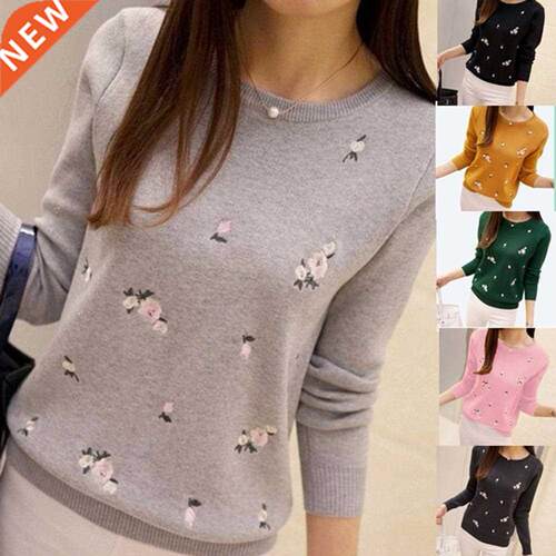 Women Fashion Floral Embroidery O Neck Pullover Knitted Jump