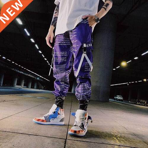 Color Block Pocket Patchwork Cargo Joggers Men Graffiti Hip