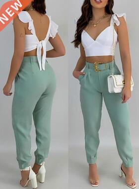 Sleeveless Backless Bandage Pleated Sleeve Top and Pocket Pa
