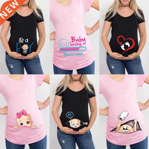 Summer Funny Cartoon Print Maternity Pink Clothing Plus-Size