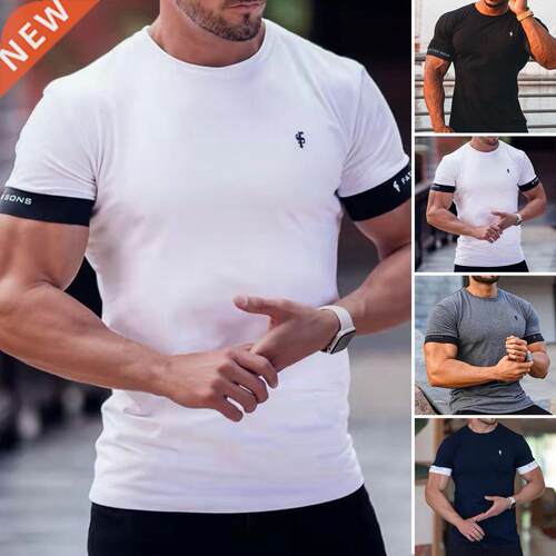 Summer Casual Men T-shirt Short Sleeve Contrast Color O Neck