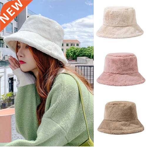 New Bucket Hat Faion Solid Color Winter Thick Warm Faux Fu