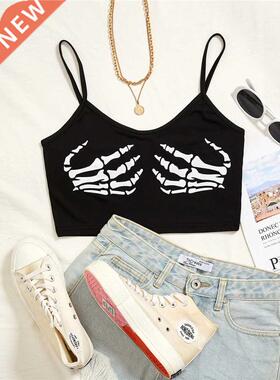 Black Goth Skeleton Print Spaghetti Strap Crop Top Women Y2K