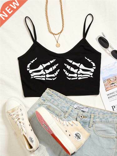 Black Goth Skeleton Print Spaghetti Strap Crop Top Women Y2K