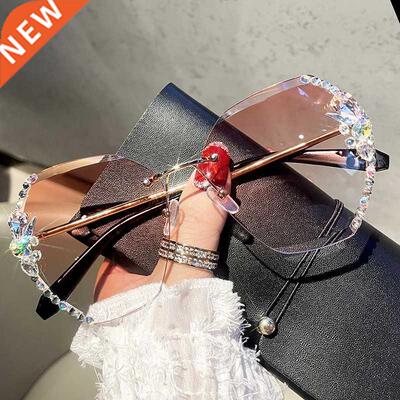 2022 Luxury Vintage Rimless Rhinestone Sunglasses Women Bran