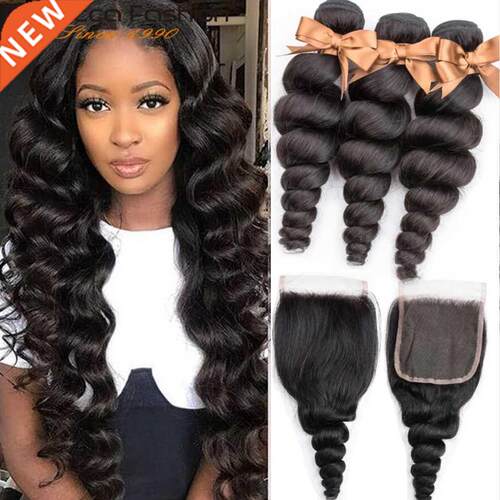 Rebecca Loose Deep Wave Bundles with Closure Peruvian Hair B