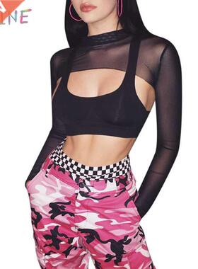 Mesh Long Sleeve Women Transparent T-shirt Short Crop Top