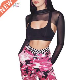 Mesh Long Sleeve Women Transparent T-shirt Short Crop Top