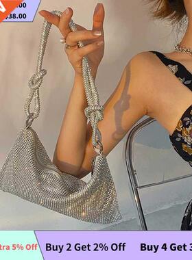 Handle Rhinestones Evening Clutch Bag Silver Shiny Crystal D