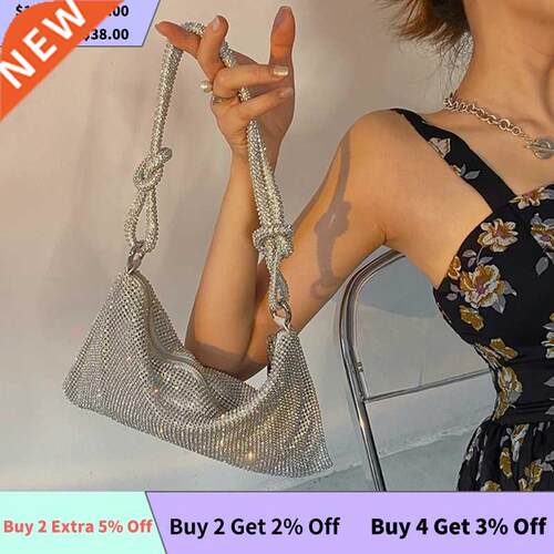 Handle Rhinestones Evening Clutch Bag Silver Shiny Crystal D