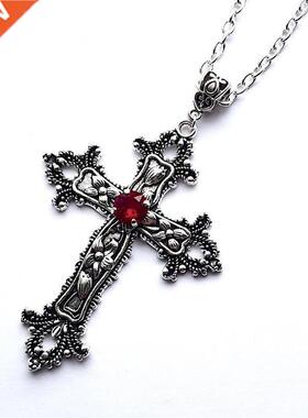 Large Detailed Cross Drill Pendant Jewel Necklace Silver Col