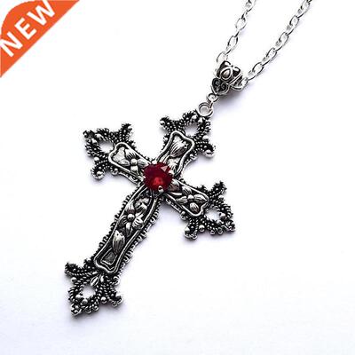 Large Detailed Cross Drill Pendant Jewel Necklace Silver Col