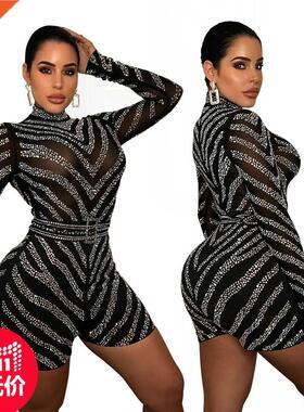 202 New See-through Ironed one-piece shorts烫钻连体短裤大码