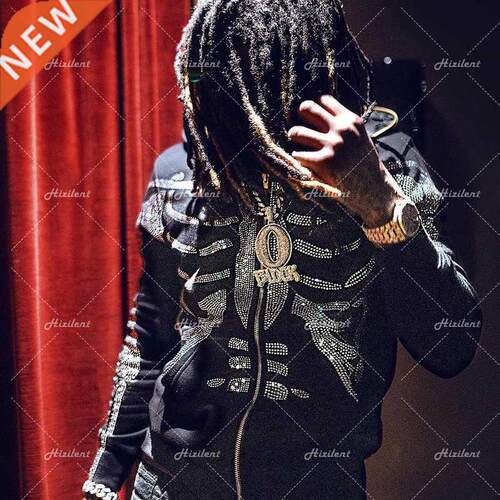 Zip Hoodie Rhinestone skeleton goth Sweatshirt Sport Coat Pu
