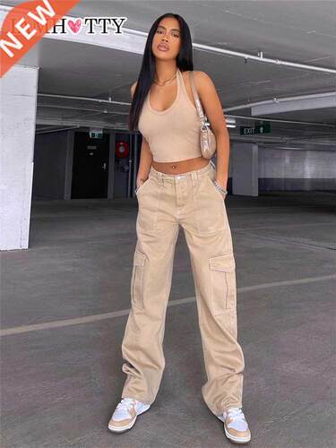 Vintage Khaki Wide Leg Cargo Jeans High Waist Big Pockets Ba