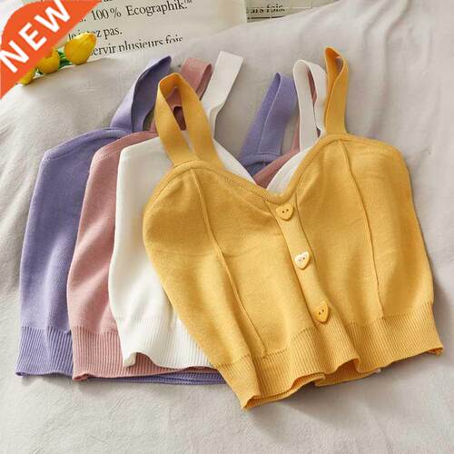 HELIAR Women Knitted Crop Top With Buttons Strap Tank Tops W