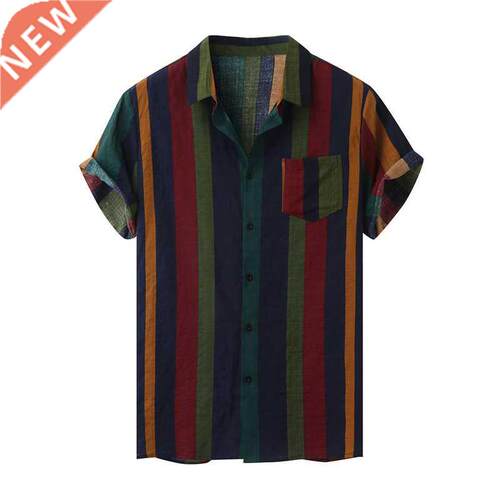 Hawaii Men Shirt Blouse Multicolor Stripes Loose Short Sleev