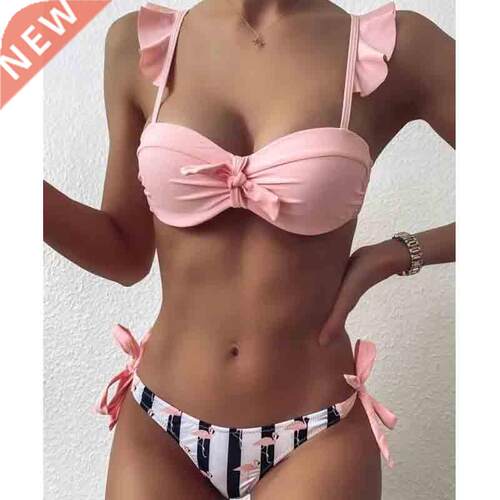 Striped Lace Ruffle Push Up Women Bandeau Swimsuit Female Sw